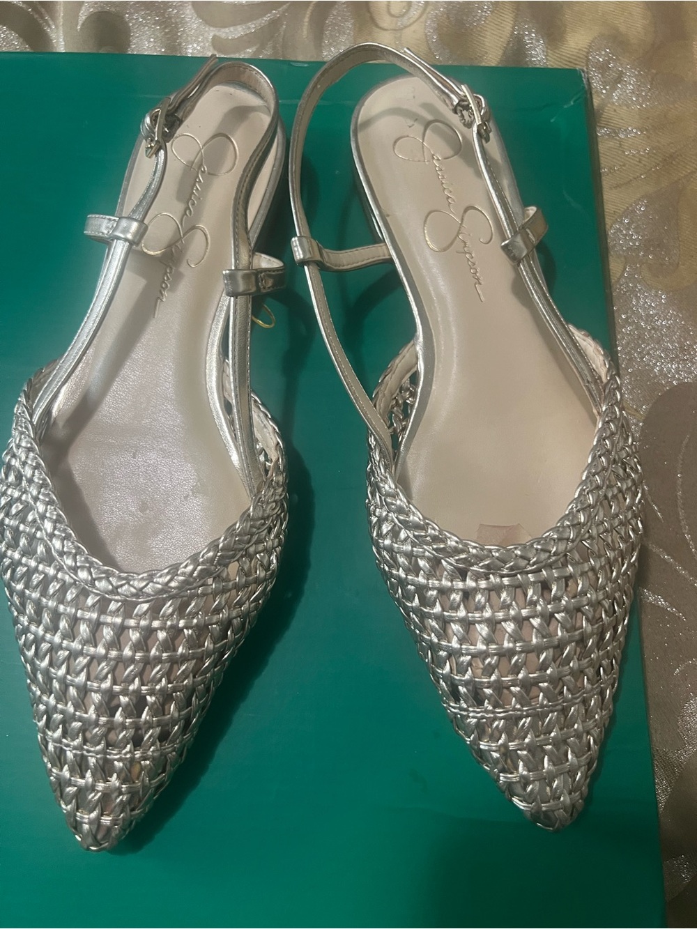 Jessica Simpson Silver Metallic Woven Pointed Slingback Flats size 9